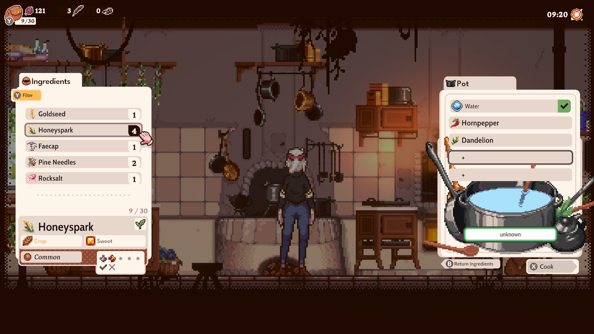 Gameplay Screenshot of Flora cooking a meal. UI elements show the cooking menu.