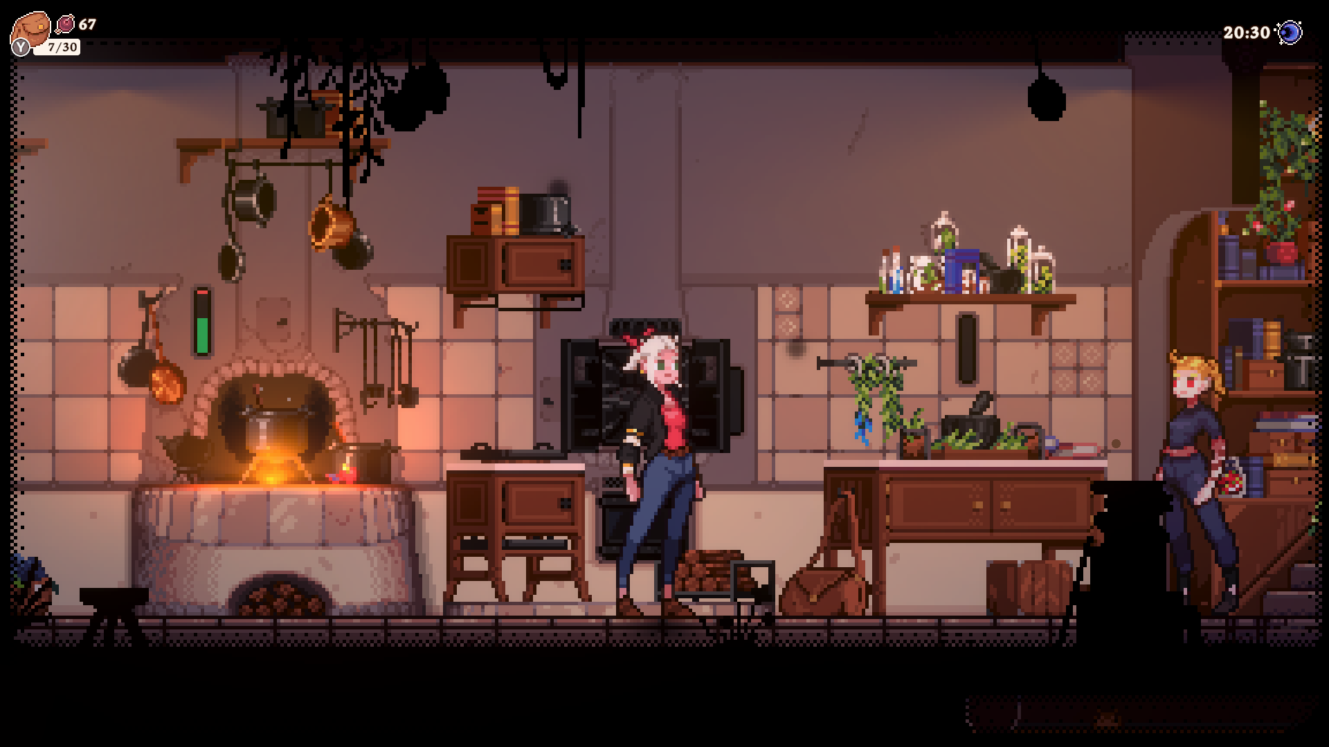 Gameplay Screenshot of Flora inside her kitchen with an active cooking pot cooking on the stove pot.