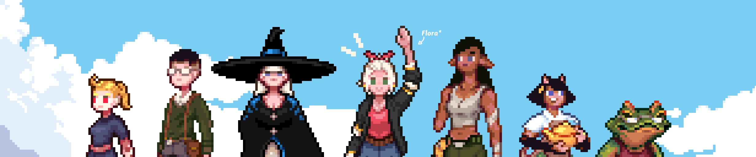 Banner of Flora and six other Characters in front of clouds. Flora waves towards you.
