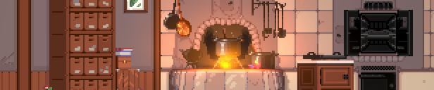 A small pixel art banner showing the inside of Flora's kitchen, with a cooking pot on top of a burning stove.