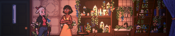 Flora visiting the Herbalist Sana in her Store. Various herbs and plants are visible in the background.