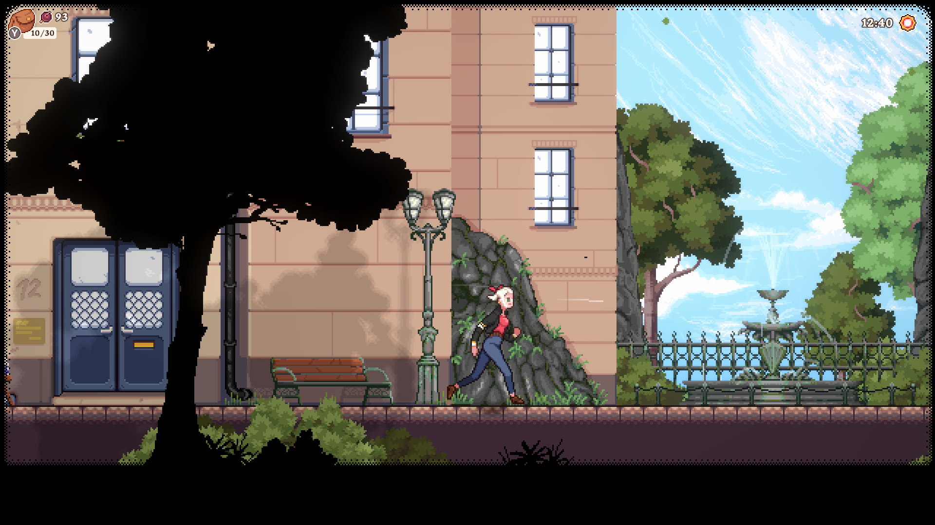 Gameplay Screenshot of Flora running through the town.