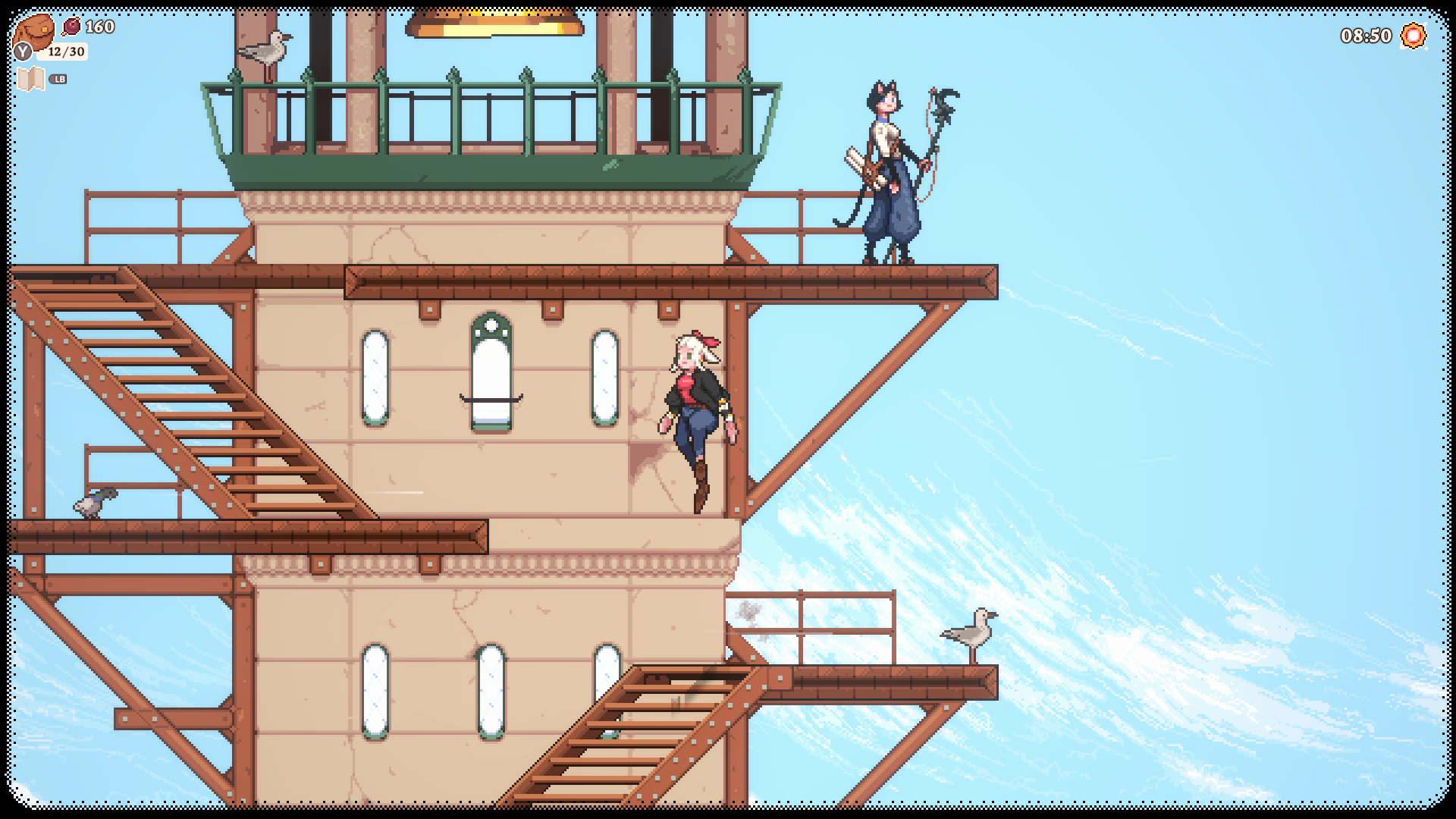 Gameplay Screenshot of Flora platforming and climbing a tower.