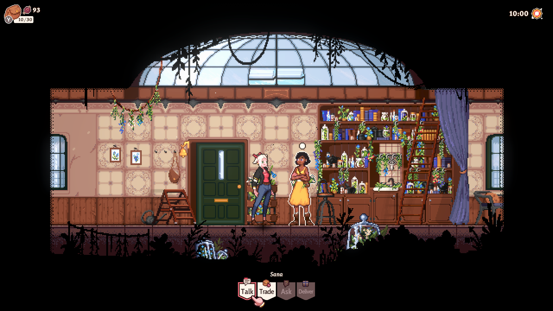 Gameplay Screenshot of Flora initiating Dialogue to the Herbalist Sana inside her store.