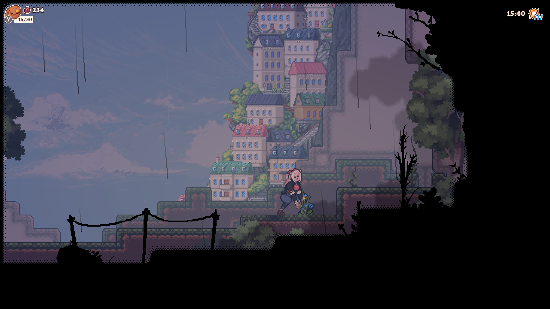Gameplay Screenshot of Flora harvesting a plant in a nook somewhere in town.